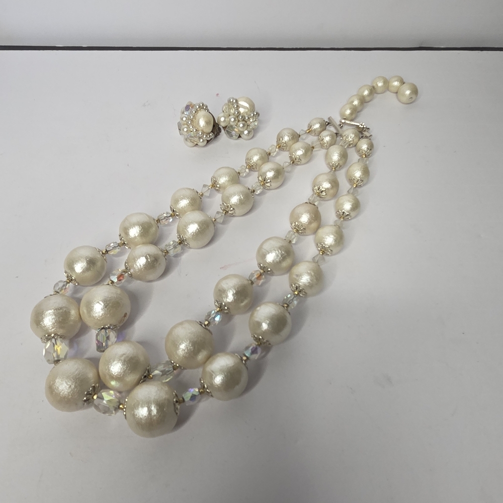 vtg japan white snowball pearlescence 3pc earring necklace set 50s 60s 2 strand